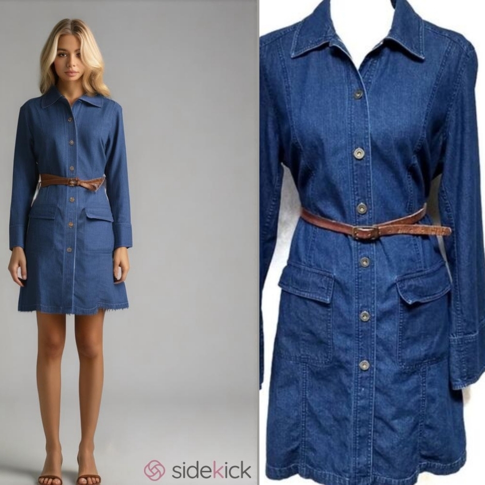 Liz Claiborne 90s Vintage Leather Belted Long Sleeve Denim Midi Shirt Dress L